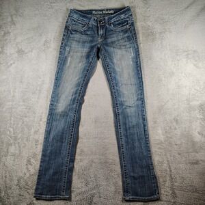 Women's MW Jeans Sz 28 Embroidered Pockets Rhinestone Contrast Stitching Stretch